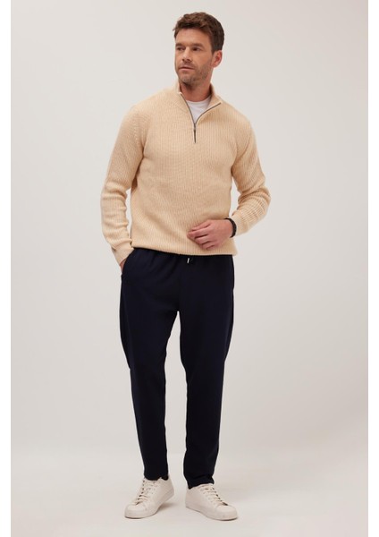 Erkek Regular Fit Beli Lastikli Bağcıklı Jogger Lacivert Pantolon Rahat Kesim Yan Cepli