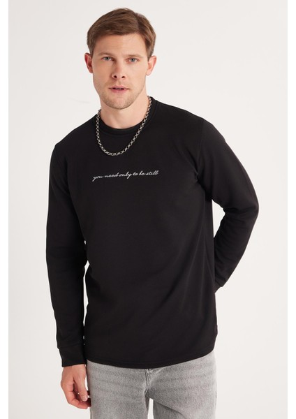 Erkek Standart Fit Pamuklu Bisiklet Yaka Şardonlu Baskılı Siyah Sweatshirt fiyatları