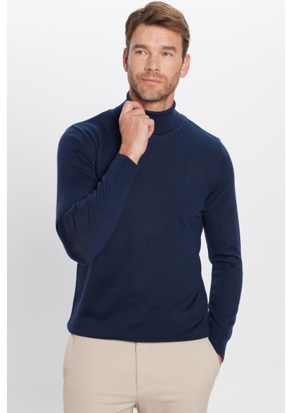 Erkek Slim Fit Dar Kesim Tam Balıkçı Yaka Düz Yün Lacivert Triko Kazak fiyatları