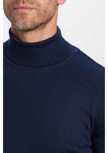 Erkek Slim Fit Dar Kesim Tam Balıkçı Yaka Düz Yün Lacivert Triko Kazak modelleri