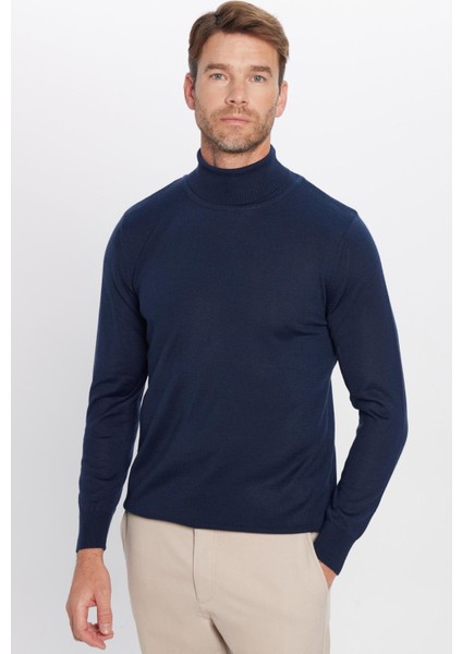 Erkek Slim Fit Dar Kesim Tam Balıkçı Yaka Düz Yün Lacivert Triko Kazak fırsatları