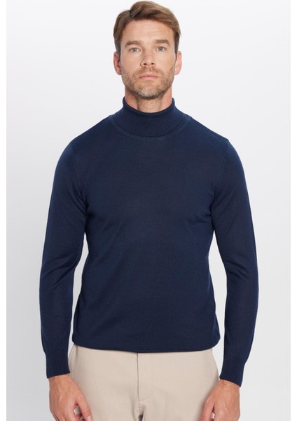 Erkek Slim Fit Dar Kesim Tam Balıkçı Yaka Düz Yün Lacivert Triko Kazak indirimleri