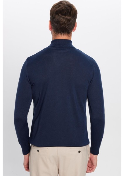 Erkek Slim Fit Dar Kesim Tam Balıkçı Yaka Düz Yün Lacivert Triko Kazak