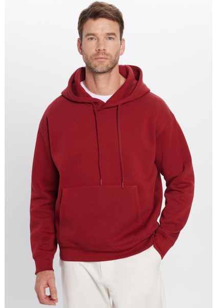 Unisex Oversize Geniş Kesim Pamuklu Yumuşak Dokulu İçi Polarlı Basic Bordo Kapüşonlu Sweatshirt fırsatları