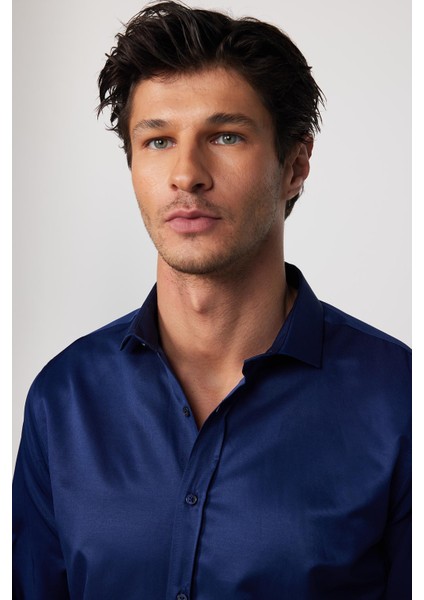 Modern Slim Fit Uzun Kollu Düz Saten Pamuklu Lacivert Erkek Gömlek fiyatları