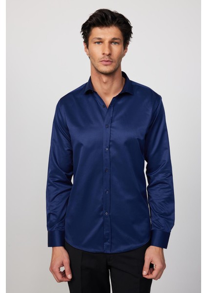 Modern Slim Fit Uzun Kollu Düz Saten Pamuklu Lacivert Erkek Gömlek modelleri