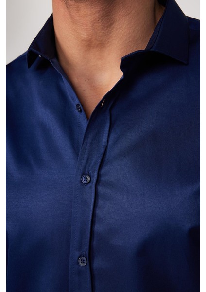 Modern Slim Fit Uzun Kollu Düz Saten Pamuklu Lacivert Erkek Gömlek fırsatları