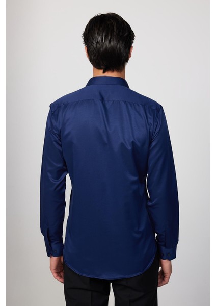 Modern Slim Fit Uzun Kollu Düz Saten Pamuklu Lacivert Erkek Gömlek indirimleri