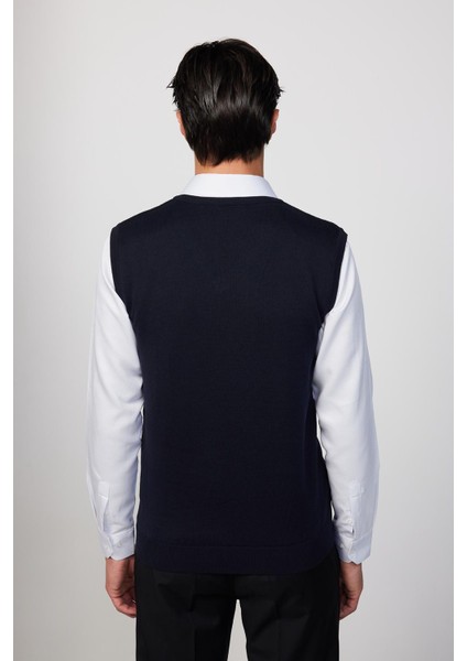 Slim Fit Dar Kesim V Yaka Kendinden Desenli Lacivert Erkek Süveter fırsatları