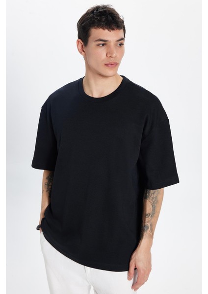 Unisex Oversize Geniş Kesim %100 Pamuk Yumuşak Dokulu Basic Bisiklet Yaka Siyah Tişört fiyatları