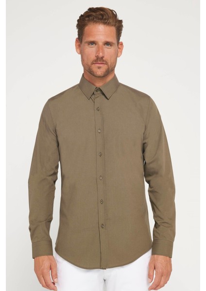 Erkek Slim Fit Dar Kesim Pamuklu Terry Cotton Kumaş Kolay Ütü Haki Gömlek fiyatları