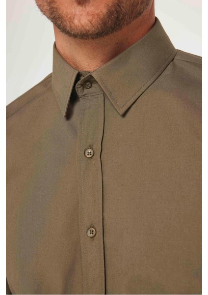 Erkek Slim Fit Dar Kesim Pamuklu Terry Cotton Kumaş Kolay Ütü Haki Gömlek modelleri