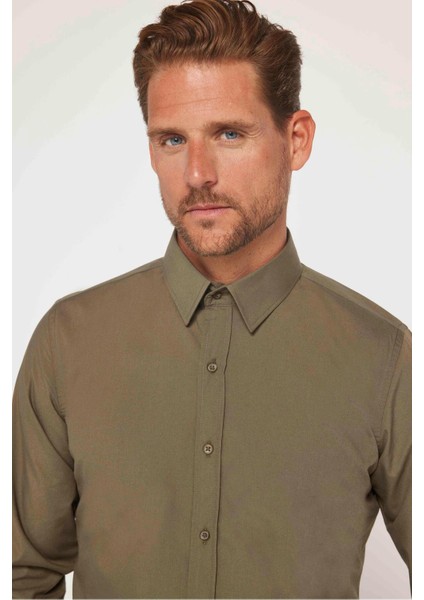 Erkek Slim Fit Dar Kesim Pamuklu Terry Cotton Kumaş Kolay Ütü Haki Gömlek fırsatları