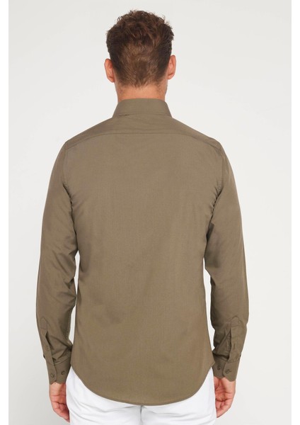 Erkek Slim Fit Dar Kesim Pamuklu Terry Cotton Kumaş Kolay Ütü Haki Gömlek indirimleri
