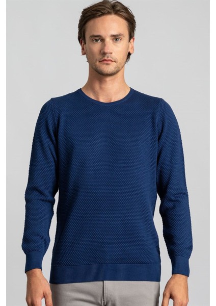 Erkek Standart Fit Normal Kesim Bisiklet Yaka Petek Desenli Koyu Sax Mavi 2 Triko Kazak fiyatları