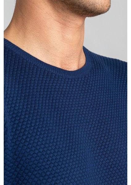 Erkek Standart Fit Normal Kesim Bisiklet Yaka Petek Desenli Koyu Sax Mavi 2 Triko Kazak modelleri