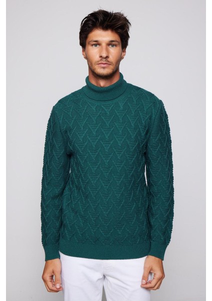 Slim Fit Dar Kesim Tam Balıkçı Yaka Desenli Erkek Triko Kazak modelleri