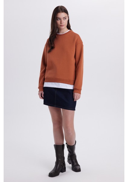 Kadın Oversize Geniş Kesim Pamuklu Bisiklet Yaka Kiremit Sweatshirt modelleri