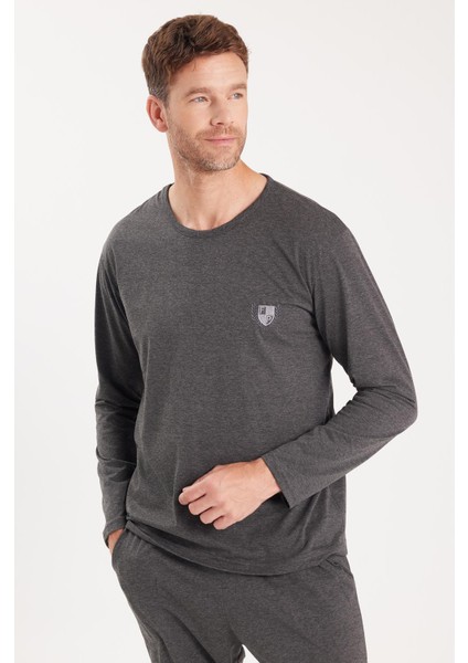Erkek Standart Fit %100 Pamuk Bisiklet Yaka Beli Lastikli Antrasit Pijama Takımı fiyatları