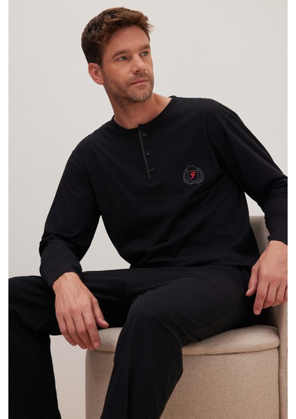 Erkek Standart Fit %100 Pamuk Bisiklet Yaka Beli Lastikli Siyah Pijama Takımı fiyatları