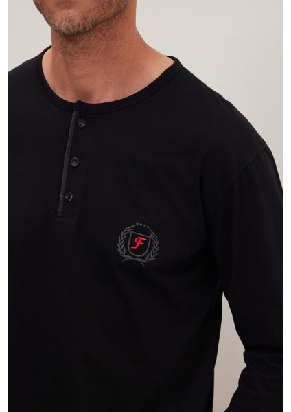 Erkek Standart Fit %100 Pamuk Bisiklet Yaka Beli Lastikli Siyah Pijama Takımı modelleri