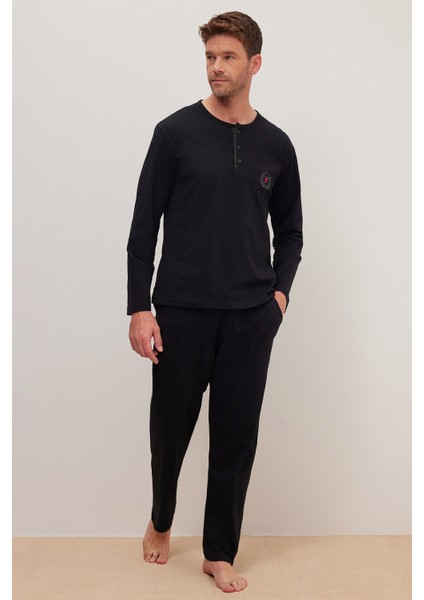 Erkek Standart Fit %100 Pamuk Bisiklet Yaka Beli Lastikli Siyah Pijama Takımı fırsatları