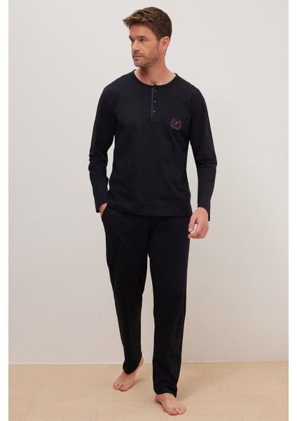 Erkek Standart Fit %100 Pamuk Bisiklet Yaka Beli Lastikli Siyah Pijama Takımı indirimleri