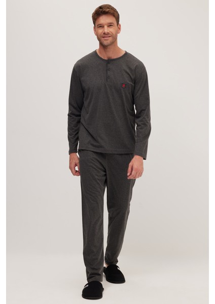 Erkek Standart Fit %100 Pamuk Bisiklet Yaka Beli Lastikli Antrasit Pijama Takımı fırsatları