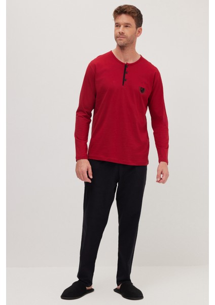 Erkek Standart Fit Normal Kesim %100 Pamuk Bisiklet Yaka Beli Lastikli Siyah Pijama Takımı indirimleri