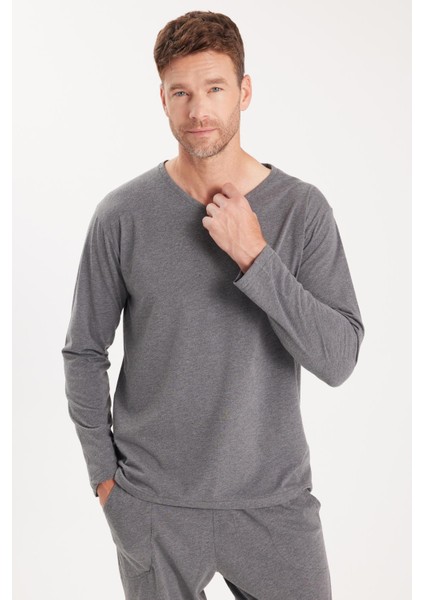 Erkek Standart Fit %100 Pamuk V Yaka Beli Lastikli Gri Pijama Takımı fiyatları