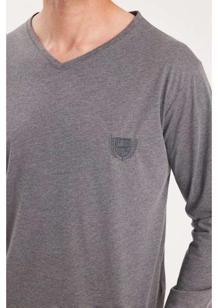 Erkek Standart Fit %100 Pamuk V Yaka Beli Lastikli Gri Pijama Takımı modelleri