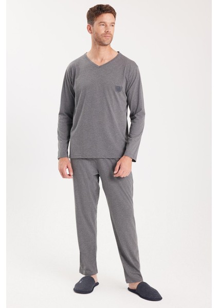 Erkek Standart Fit %100 Pamuk V Yaka Beli Lastikli Gri Pijama Takımı fırsatları