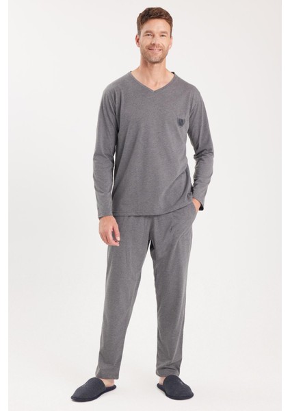 Erkek Standart Fit %100 Pamuk V Yaka Beli Lastikli Gri Pijama Takımı indirimleri