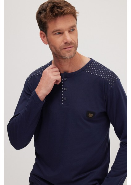 Erkek Standart Fit Normal Kesim %100 Pamuk Bisiklet Yaka Beli Lastikli Lacivert Pijama Takımı fiyatları