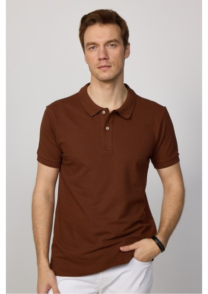 Erkek Slim Fit Dar Kesim Pamuklu Yumuşak Doku Nefes Alan Kumaş Kahverengi Polo Yaka Tişört fiyatları