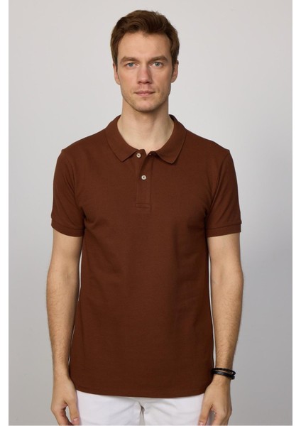 Erkek Slim Fit Dar Kesim Pamuklu Yumuşak Doku Nefes Alan Kumaş Kahverengi Polo Yaka Tişört indirimleri