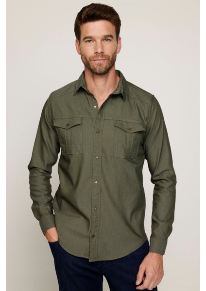 Slim Fit Uzun Kollu Spor Yaka Yıkamalı Çift Cepli Armürlü Denim Yeşil Erkek Gömlek fiyatları