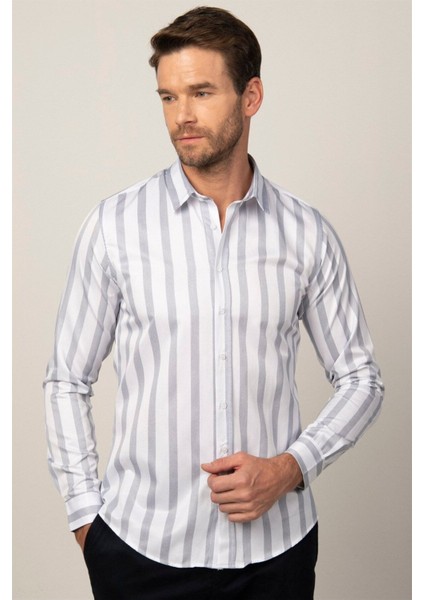 Slım Fit Uzun Kollu Baskılı Çizgili Desenli Erkek Beyaz Gömlek fiyatları
