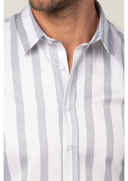 Slım Fit Uzun Kollu Baskılı Çizgili Desenli Erkek Beyaz Gömlek modelleri