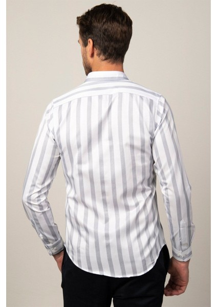 Slım Fit Uzun Kollu Baskılı Çizgili Desenli Erkek Beyaz Gömlek fırsatları