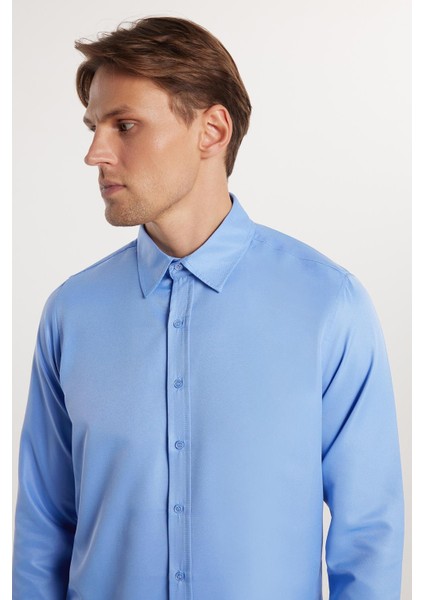 Slim Fit Uzun Kollu Kolay Ütü Teri Emen Nefes Alan Doku Kravatlık Dört Mevsim Mavi Erkek Gömlek fiyatları