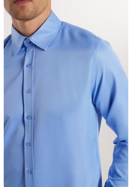 Slim Fit Uzun Kollu Kolay Ütü Teri Emen Nefes Alan Doku Kravatlık Dört Mevsim Mavi Erkek Gömlek modelleri