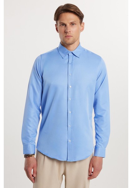 Slim Fit Uzun Kollu Kolay Ütü Teri Emen Nefes Alan Doku Kravatlık Dört Mevsim Mavi Erkek Gömlek fırsatları