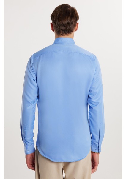 Slim Fit Uzun Kollu Kolay Ütü Teri Emen Nefes Alan Doku Kravatlık Dört Mevsim Mavi Erkek Gömlek indirimleri