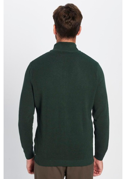 Erkek Standart Fit Normal Kesim Desenli Yarım Balıkçı Yaka Fermuarlı Yeşil Hırka