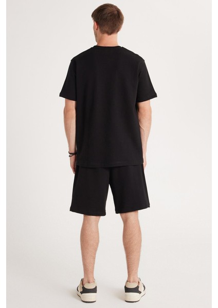 Relax Fit Rahat Kesim %100 Pamuk Hafif Kalın Özel Tasarım Erkek Siyah Şortlu Eşofman Takım fırsatları