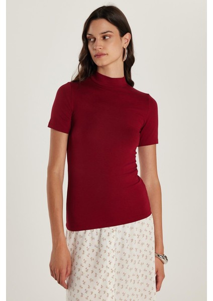 Kadın Standart Fit Kısa Kollu Yarım Balıkçı Yaka Bordo Bluz fırsatları