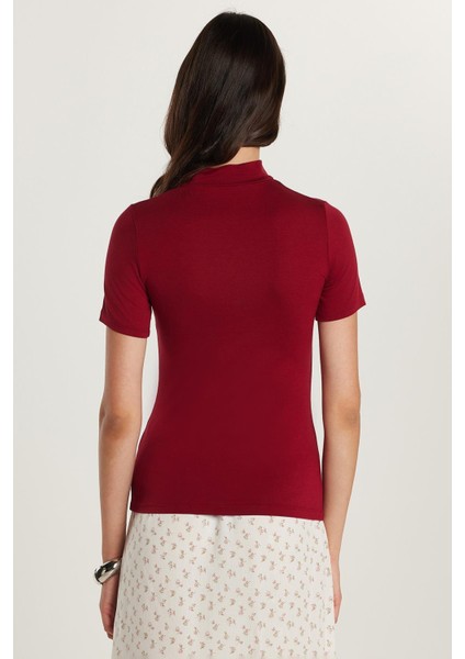 Kadın Standart Fit Kısa Kollu Yarım Balıkçı Yaka Bordo Bluz indirimleri