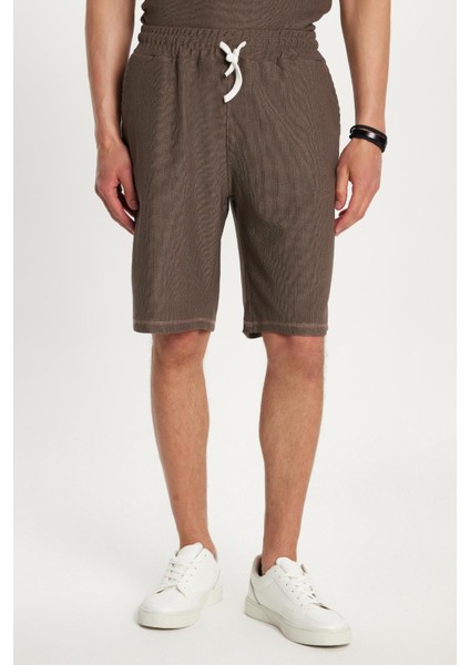 Erkek Standart Fit Pamuklu Jakarlı Baskılı Bisiklet Yaka Beli Bağcıklı Taba Şort Takım fiyatları