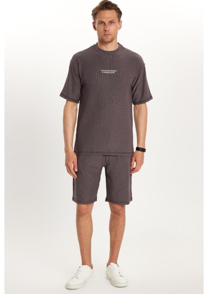 Erkek Standart Fit Pamuklu Jakarlı Baskılı Bisiklet Yaka Beli Bağcıklı Mor Şort Takım indirimleri